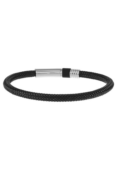 Black braided bracelet featuring a smooth metallic clasp with ridged accents. The texture is woven, offering a flexible design.