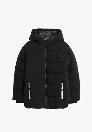 Černá péřová bunda s kapucí, se vzorem prošívání, zapínáním na zip v přední části a dvěma bočními kapsami s kontrastními bílými zipy.