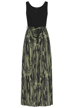 Robe noire sans manches avec un haut ajusté et une longue jupe fluide à motif abstrait vert, dotée d'un détail de nœud à la taille.