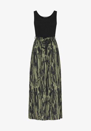 Black sleeveless dress with a fitted top and a long, flowing green abstract patterned skirt, featuring a front tie detail at the waist.