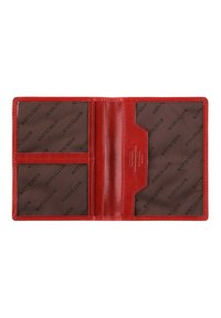 Portefeuille en cuir rouge avec une texture lisse, comportant une doublure intérieure marron imprimée de "WITTCHEN". Contient plusieurs emplacements pour cartes et compartiments.