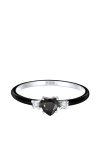 Anillo de gema en forma de corazón negro con acentos plateados, con piedras transparentes a ambos lados. Banda negra ajustable, marcada como plata 925.
