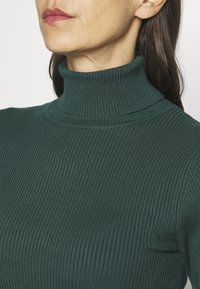 Pull à col roulé côtelé en vert foncé, fabriqué à partir d'un tissu extensible. Présente un design ajusté et un col haut avec une texture lisse.