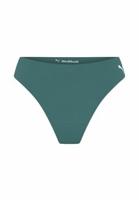 Culotte taille haute teal pour femmes avec les logos de Puma et Modibodi, conçue pour le confort et la protection contre les fuites.