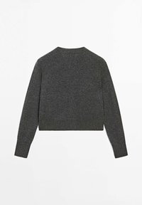 Grijze korte trui met lange mouwen, gemaakt van zachte gebreide stof. Eenvoudig ontwerp met een ronde halslijn en een geribde zoom.