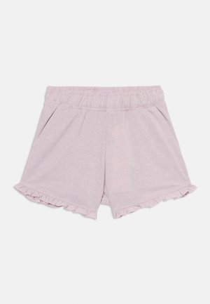 Calças cortas cor-de-rosa pálido em tecido suave com bainha de ondas, cinta elástica e bolsos laterais. Textura suave de brilho em todo o tecido.