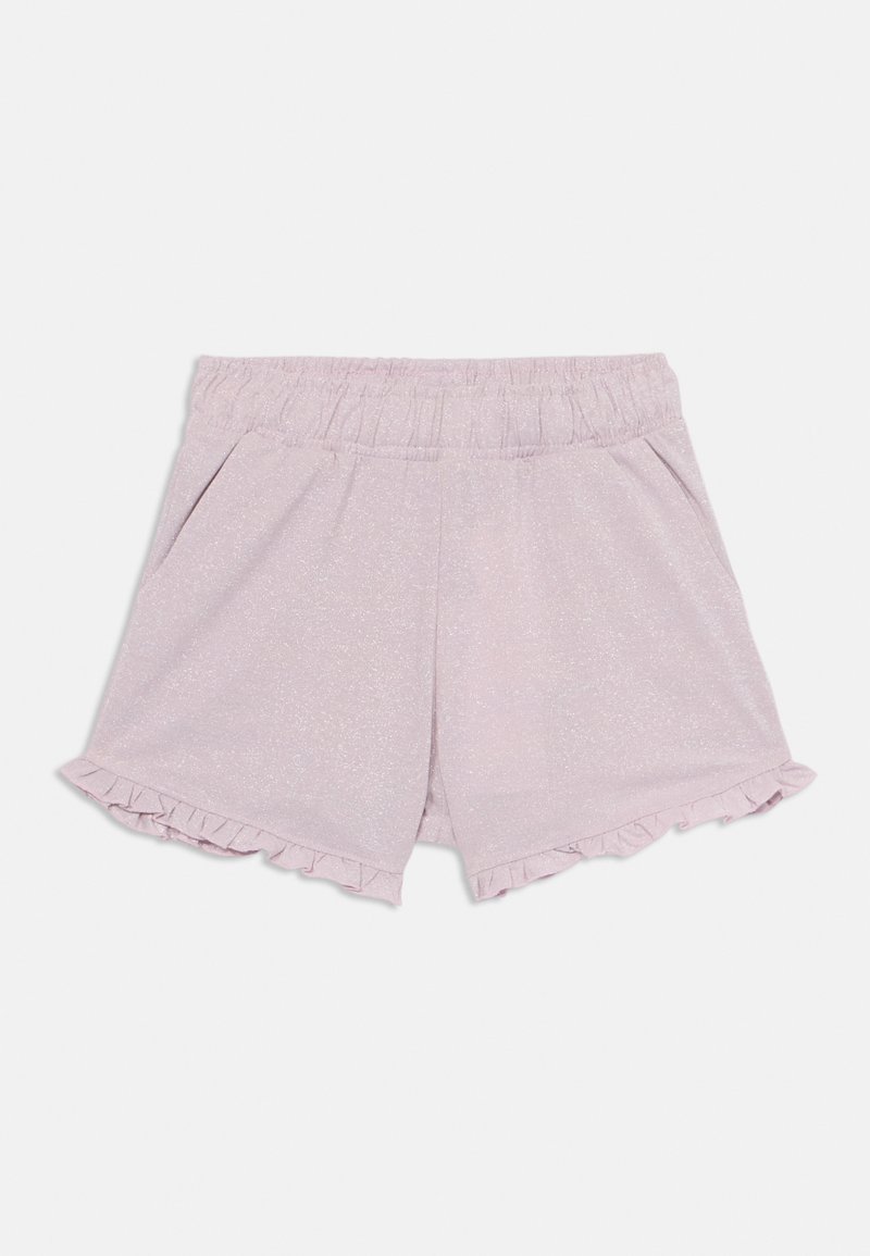 Απαλά ροζ σορτσάκια από μαλακό ύφασμα με βολάν στο στρίφωμα, ελαστική μέση και πλαϊνές τσέπες. Λεπτή υφή με λάμψη σε όλη την επιφάνεια.