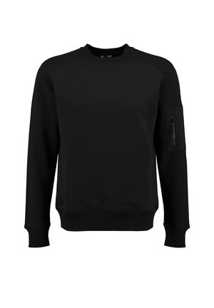 Schwarzer Sweatshirt mit langen Ärmeln, rundem Ausschnitt, geripptem Material an Schultern und Bündchen sowie einer Reißverschlusstasche am linken Ärmel.