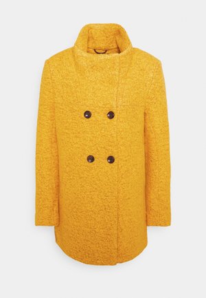 Yellow wool coat with a textured finish, double-breasted design, high collar, and brown buttons, featuring side seam pockets.