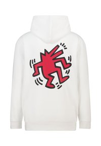 Witte hoodie met een rood en zwart grafisch ontwerp met een dansende figuur op de achterkant. Gemaakt van een zachte katoenmix.