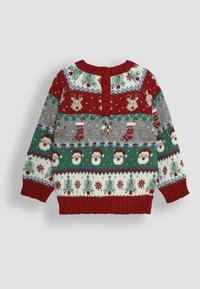 Strickweihnachts sweater mit einer Farbpalette aus Rot, Grün, Grau und Weiß, verziert mit Mustern von Rentieren, dem Weihnachtsmann und Schneemännern. Mit Knöpfen auf der Rückseite.