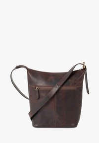 Braune Leder-Umhängetasche mit glatter Textur, vorderer Reißverschlusstasche und verstellbarem Schulterriemen. Verfügt über eine einfache, geschwungene Form.