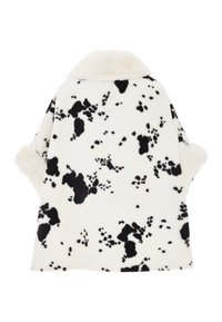 Cappotto in pelliccia finta con stampa a macchie di mucca bianca e nera, dotato di colletto e finitura testurizzata. Il design è oversize e realizzato in un tessuto morbido e accogliente.