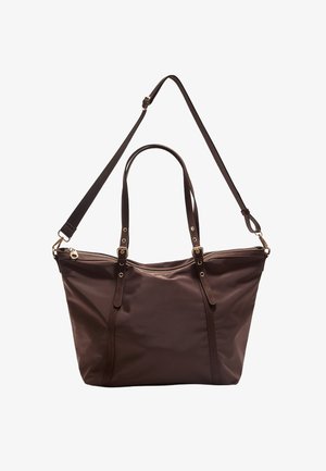 Brun nylon tote taske med to top håndtag og en aftagelig skulderrem. Udstyret med hardware i guldtoner og lynlåslukning. Tekstureret overflade.