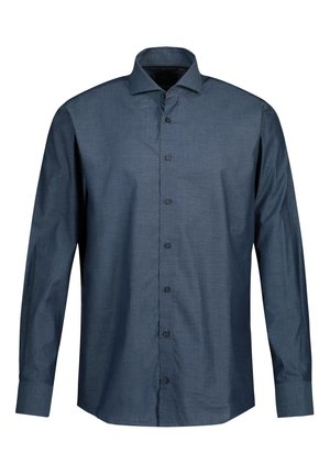 Chemise �à manches longues bleu foncé avec col structuré, fermeture à boutons sur le devant et texture lisse. Présente des manches à poignets et une coupe ajustée.