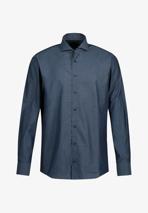 Tummansininen pitkähihaisen paita, jossa on rakenteellinen kaulus, edessä napitus ja sileä pinta. Sisältää taitetut hihansuut ja muotoillun istuvuuden.