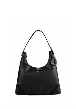 Black leather shoulder bag with a single strap, silver hardware, and a small logo tag hanging near the top right side.