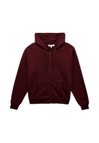 Sudadera con cremallera de color marrón, hecha de una suave mezcla de algodón, que cuenta con un bolsillo frontal, capucha ajustable con cordón y puños y dobladillo acanalados.
