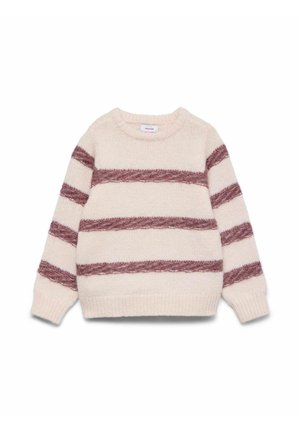 Krämfärgad stickad tröja med rundad hals och tre fluffiga horisontella mauve-ränder på kroppen och ärmarna, liggande platt på vit bakgrund.