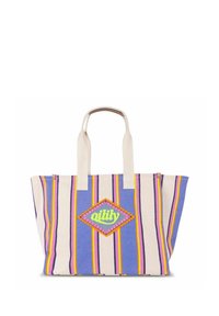 Borsa a tracolla a righe nei toni crema, blu e viola. Presenta una toppa ricamata a forma di diamante con la scritta "dity" in verde neon e accenti arancioni.
