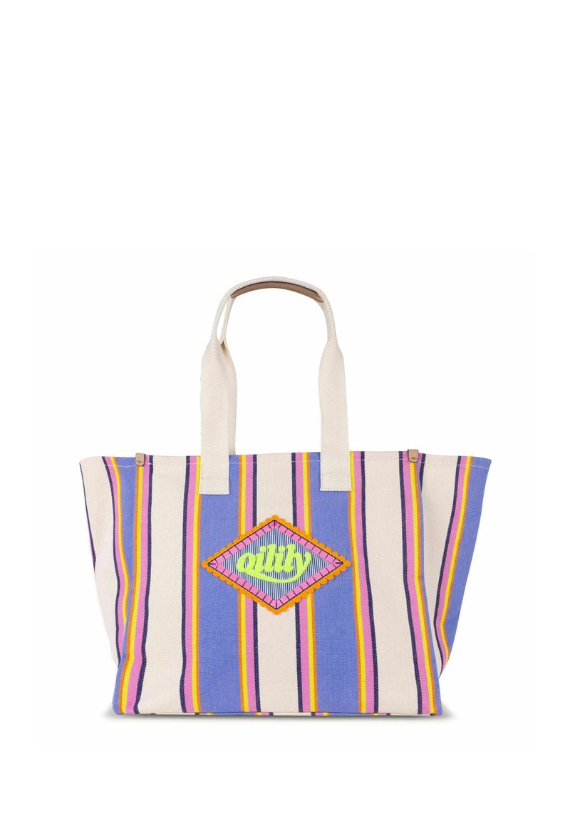 Borsa a tracolla a righe nei toni crema, blu e viola. Presenta una toppa ricamata a forma di diamante con la scritta "dity" in verde neon e accenti arancioni.