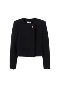 Schwarze Cropped-Jacke aus strukturiertem Stoff, mit ausgefranster Halslinie, zwei vorderen Taschen und einem goldenen Dekorationsverschluss.