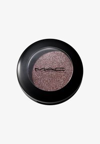 MAC Lidschatten in einer runden schwarzen Dose mit durchsichtigen Deckel, präsentiert in einem schimmernden Mauve-Ton mit feinem Glitzer. Texturierte, funkelnde Oberfläche.