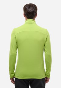 Grüner Pullover mit langen Ärmeln, hohem Kragen, glatter Textur und taillierter Passform. Keine sichtbaren Logos, Nähte an den Schultern und abgerundeter Saum.