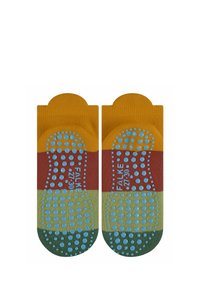 Bunte Cabin-Socken mit einem Design in Gelb, Rot, Grün und Blau, mit strukturierten Punkten für Grip an der Sohle und einem abgerundeten Bündchen.