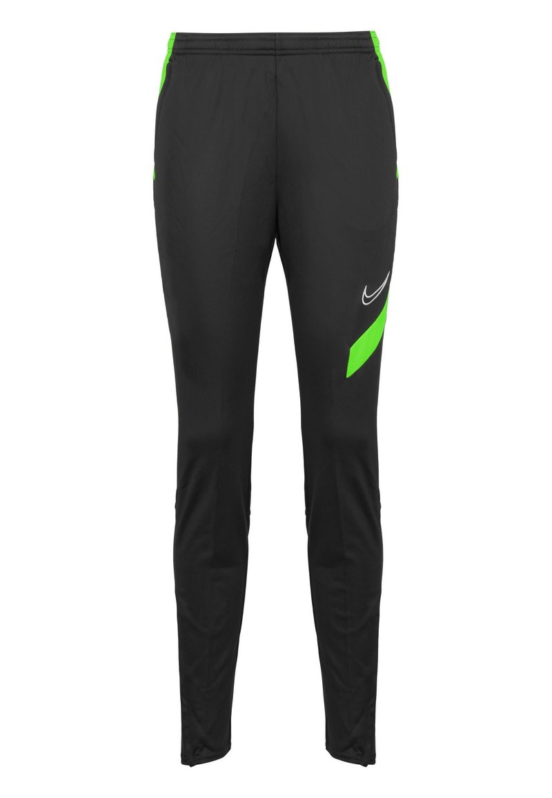 Zwarte sportbroek met groene accenten, voorzien van een taps toelopende pasvorm, elastische tailleband en een wit logo op de linker dij. Gladde textuur.
