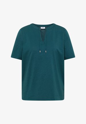 Türkisfarbenes Kurzarmshirt mit rundem Ausschnitt und Kordelzug, hergestellt aus einem weichen, leicht strukturierten Stoff.