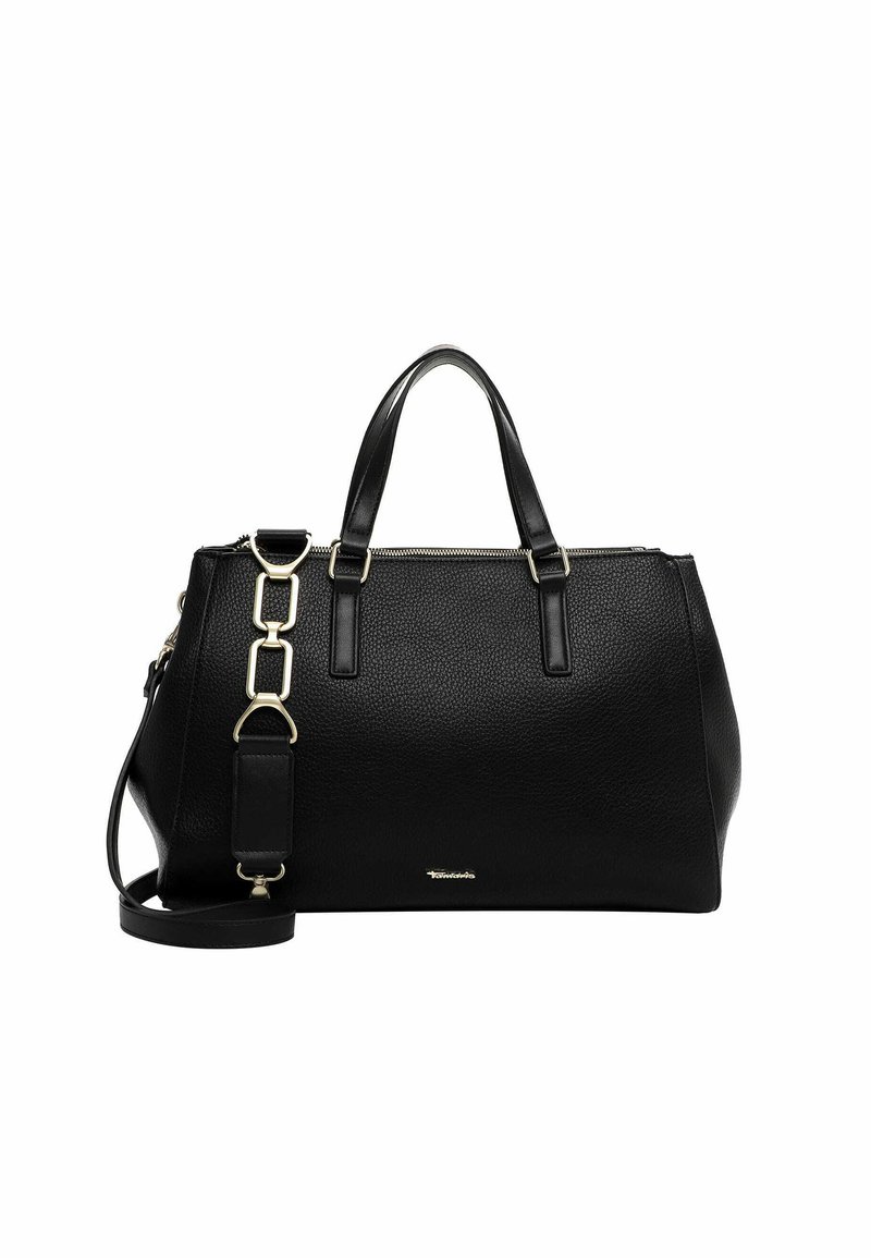 Borsa a tracolla nera in pelle con finitura testurizzata, doppi manici superiori, una tracolla rimovibile e dettagli in metallo dorato. Chiusura con cerniera.