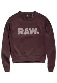 Bordowa bluza z okrągłym dekoltem, ściągacze przy mankietach i u dołu, z teksturowanym logo "RAW." w jasnym kolorze na przodzie. Gładka faktura tkaniny.