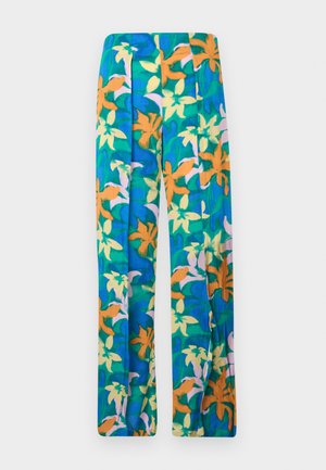 Bukser med vide ben og plisseringer, med et abstrakt tropisk blomsterprint i blå, grøn, orange, gul og lyserød.