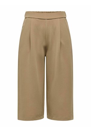Spodnie kuloty w kolorze khaki wykonane z miękkiego materiału, o szerokich nogawkach, z elastycznym pasem i dwoma plisami z przodu dla dodatkowej struktury.