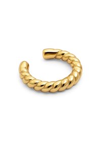 Anillo dorado con diseño de cuerda retorcida, textura suave y extremos abiertos para un ajuste ajustable. El acabado brillante realza la reflexión de la luz.