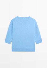 Lichtblauwe gebreide trui met driekwart mouwen, ronde hals en geribbelde manchetten en zoom, gezien vanaf de achterkant.