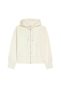 Krótkia, kremowa bluza z kapturem, z zapięciem na zamek z przodu, sznurkiem w kapturze, ściągaczami przy rękawach i gładką teksturą. Prosty design, bez wzorów czy ozdób.