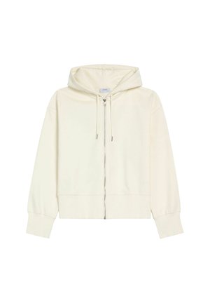 Krótkia, kremowa bluza z kapturem, z zapięciem na zamek z przodu, sznurkiem w kapturze, ściągaczami przy rękawach i gładką teksturą. Prosty design, bez wzorów czy ozdób.