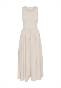 Abito midi beige senza maniche con corpetto in maglia aderente e gonna fluida plissettata, scollo rotondo e senza motivi o decorazioni visibili.