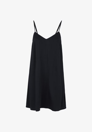Czarna sukienka bez rękawów z dekoltem w kształcie V, luźna sylwetka i cienkie ramiączka. Wykonana z miękkiego materiału bez dodatkowych wzorów ani akcentów.