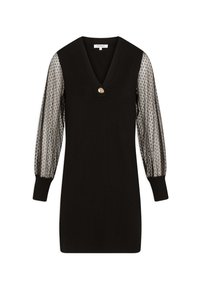 Robe noire avec un col en V, manches longues en voile à motifs et un bouton doré en accent. Texture côtelée sur le corps principal.