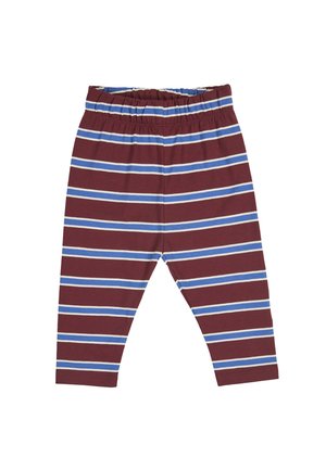 Kinderhose mit elastischem Bund und horizontalen Streifen in Bordeaux, Blau und Weiß, flach auf einem weißen Hintergrund ausgelegt.