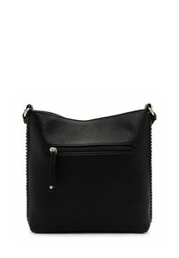 Black leather shoulder bag with a textured finish, featuring a front zip pocket and side stitching detail. Adjustable strap included.