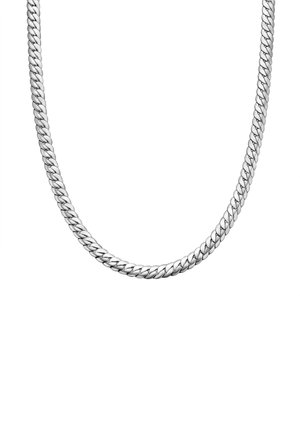 Sølv kædlen med sammenflettede led, der har en glat, poleret overflade og et klassisk fladt design.