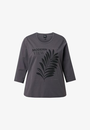 Grå bomuldslangærmet skjorte med et sort bladmotiv og teksten "MODERN VIEW", med rund halsudskæring og afslappet pasform.