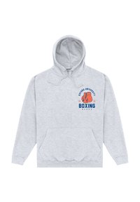 Grå huvtröja med kängurufickor. Har en blå och orange boxningsinspirerad logotyp samt text för Oxford University Boxing.