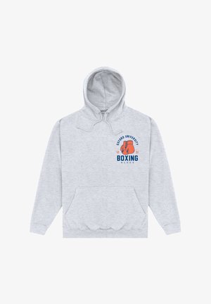 Sweatshirt à capuche gris avec une poche kangourou. Présente un logo et du texte sur le thème de la boxe en bleu et orange pour Oxford University Boxing.