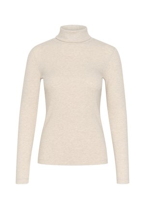 Cremefärgad polotröja i ribbad textur, med långa ärmar och en figurnära design. Slät tyg, minimalistisk stil, inga synliga mönster.
