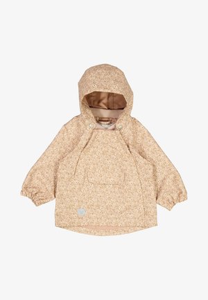 Blomstermønstret beige jakke med hætte, elastiske manchetter og en frontlomme. Glat tekstur med en kontrastfarvet inderfor.